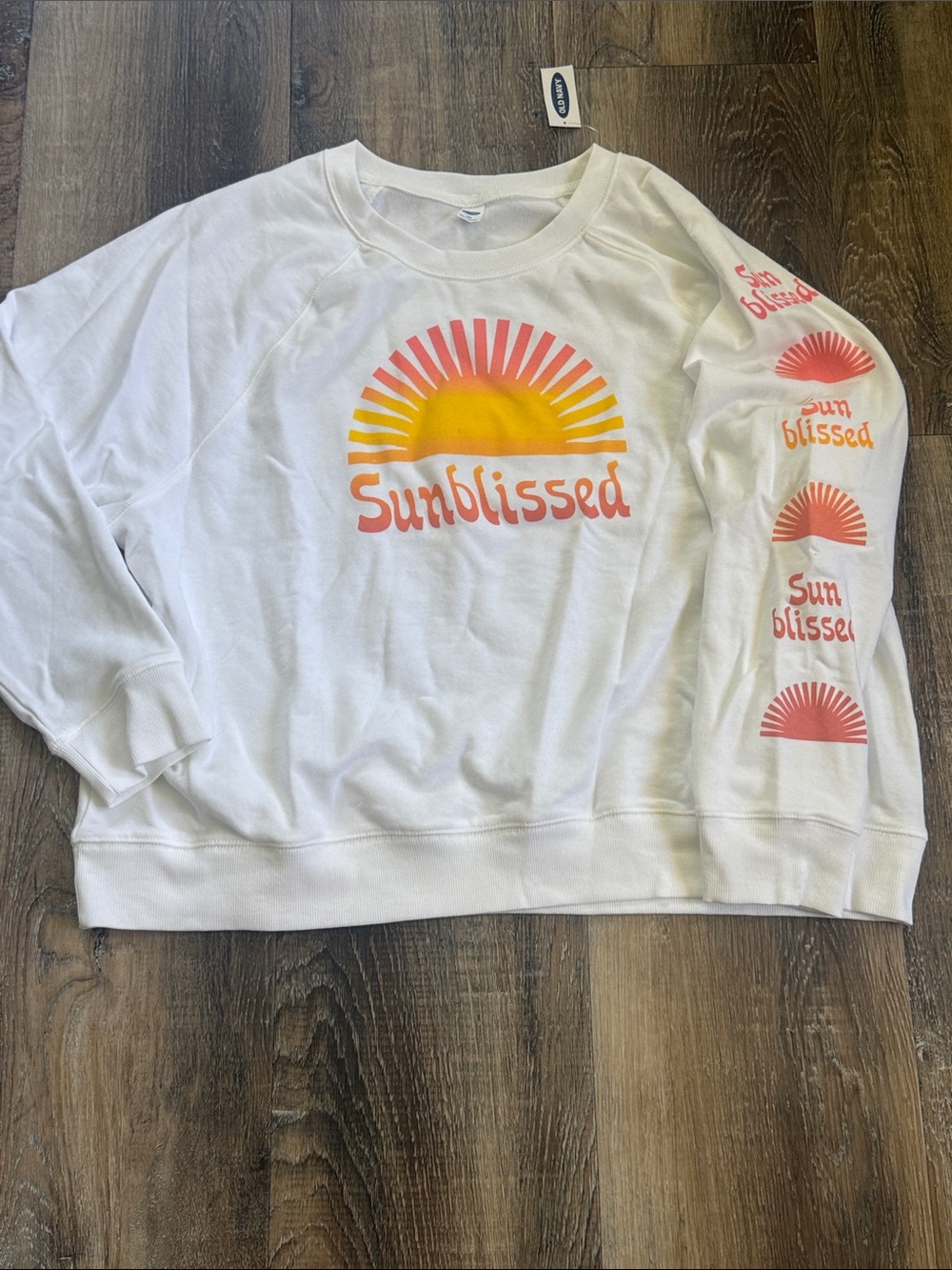 Old Navy White Crewneck Sweatshirt with Yellow & Coral Sun Graphic